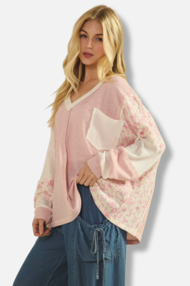Waffle Knit Pullover - Pink
