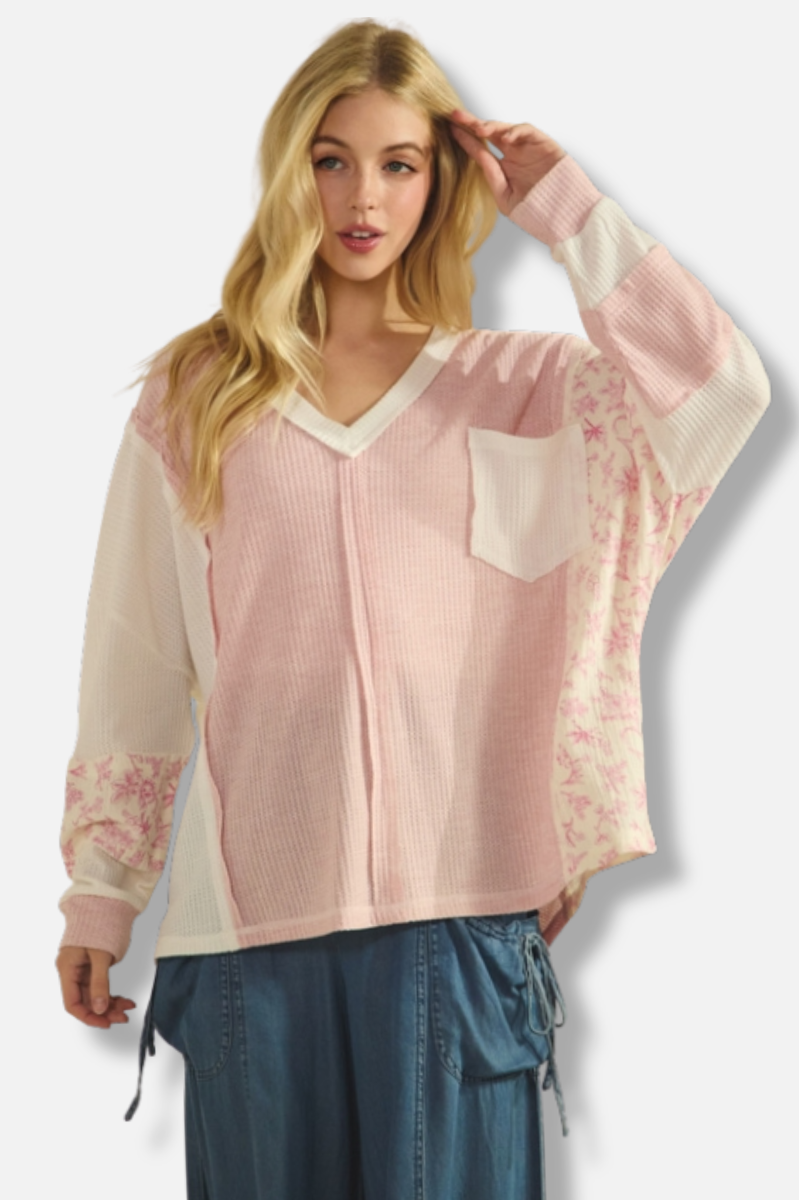 Waffle Knit Pullover - Pink