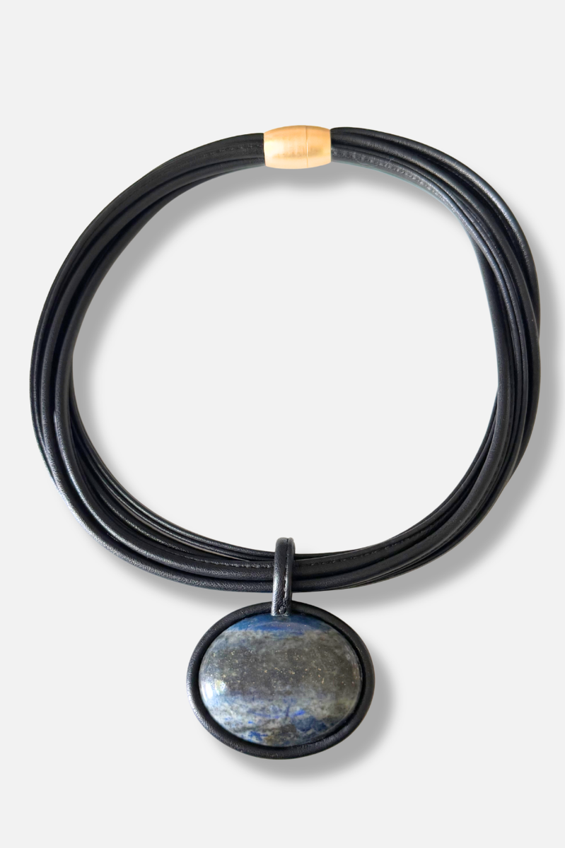 Leather Stone Necklace - Navy