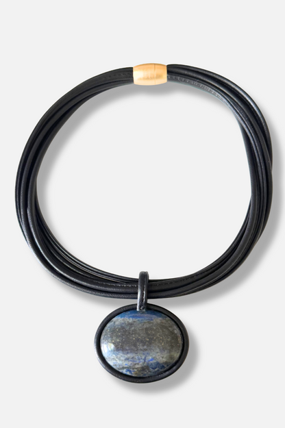 Leather Stone Necklace - Navy