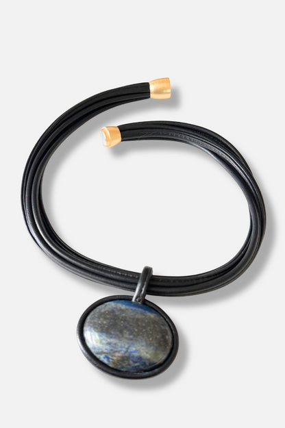 Leather Stone Necklace - Navy