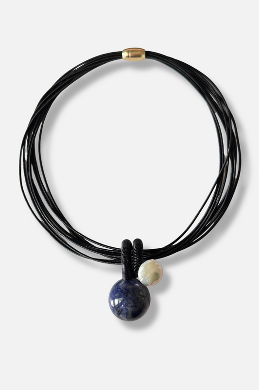Stone And Coin Pearl Necklace - Navy 