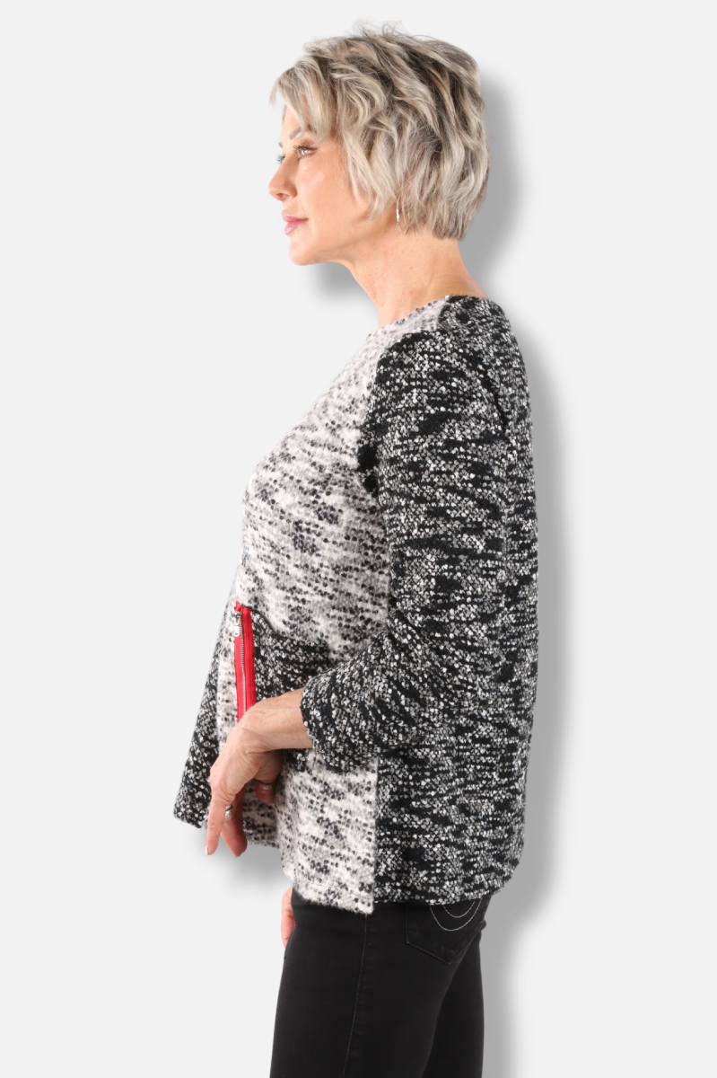 Colorblock Zip Pocket Sweater - Black & White 