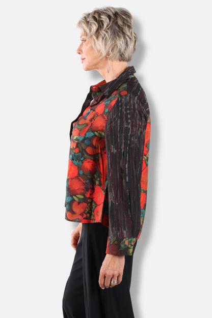 Mixed Print Button Shirt - Red 