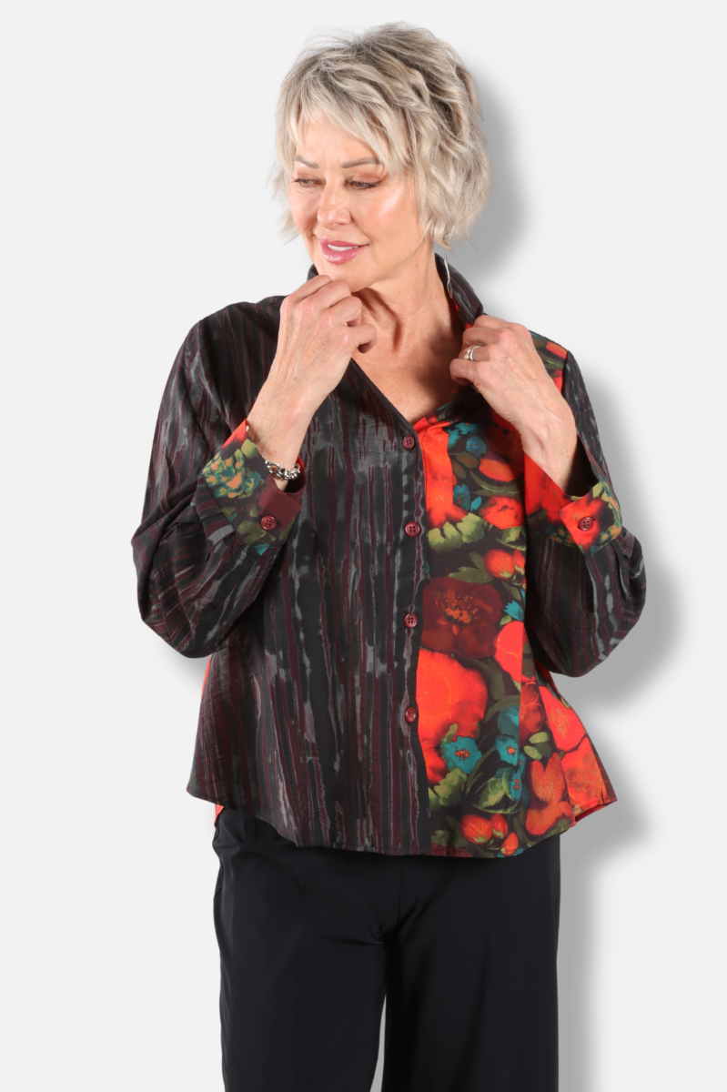 Mixed Print Button Shirt - Red 