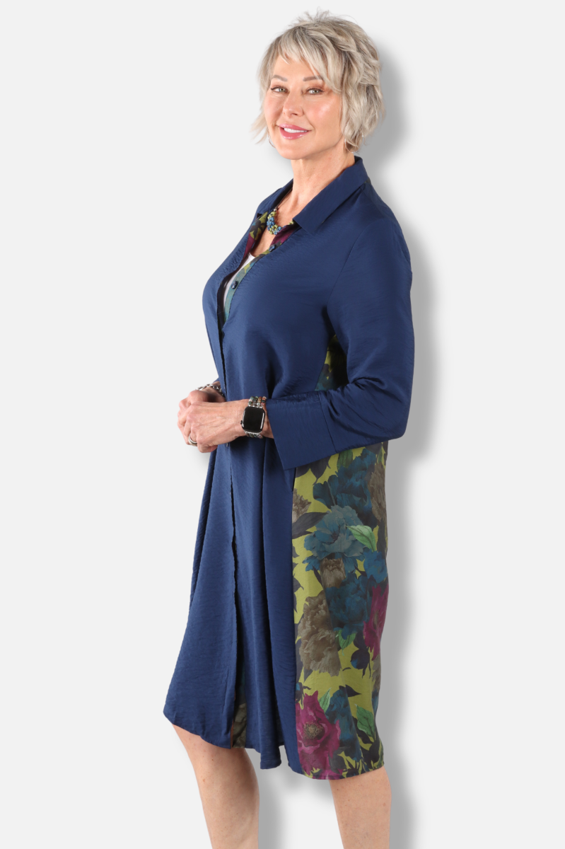 Floral Contrast Shirt Dress - Navy 