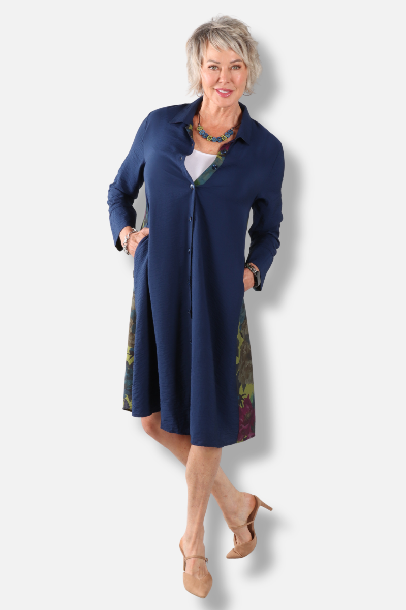 Floral Contrast Shirt Dress - Navy 