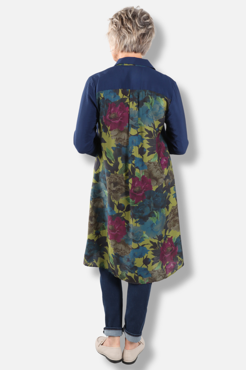 Floral Contrast Shirt Dress - Navy 