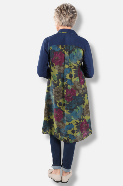 Floral Contrast Shirt Dress - Navy 
