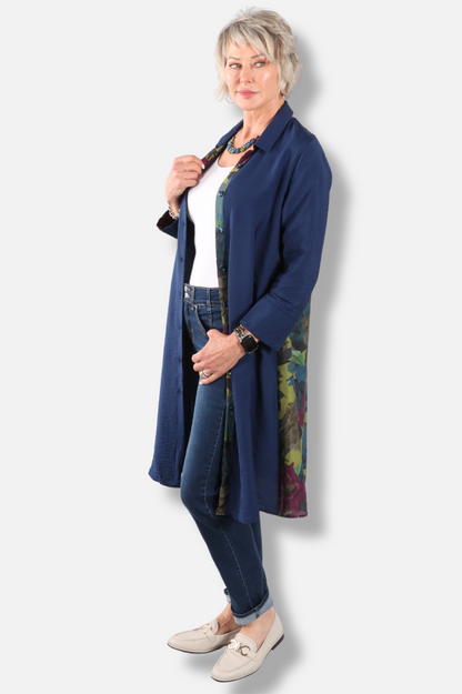 Floral Contrast Shirt Dress - Navy 