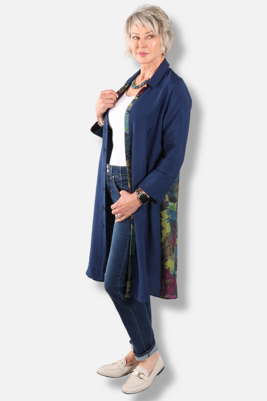 Floral Contrast Shirt Dress - Navy 