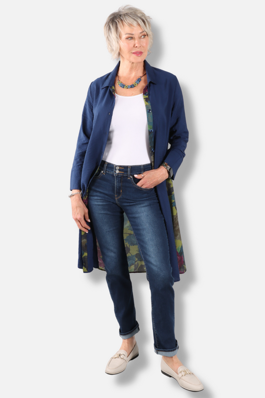 Floral Contrast Shirt Dress - Navy 