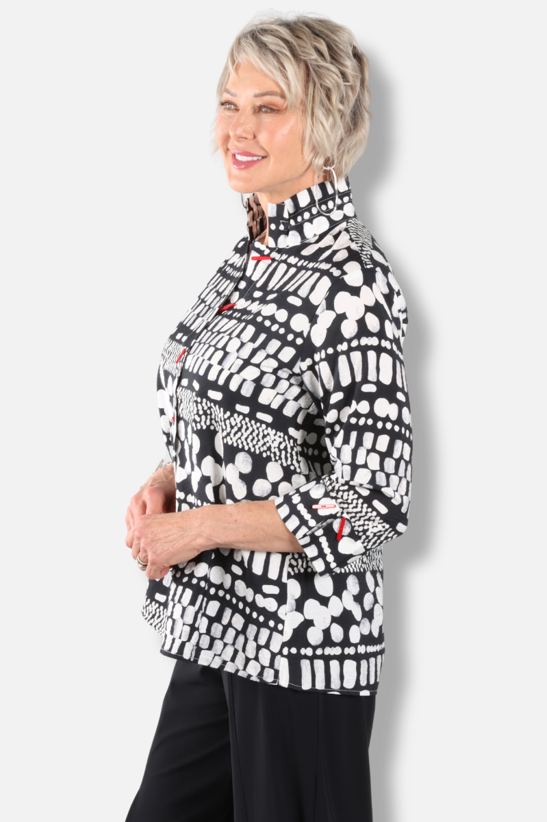 Mandarin Collar Print Shirt - Black 