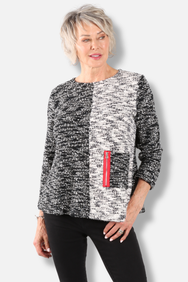 Colorblock Zip Pocket Sweater - Black & White 