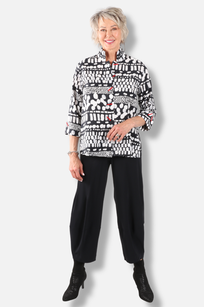 Mandarin Collar Print Shirt - Black 