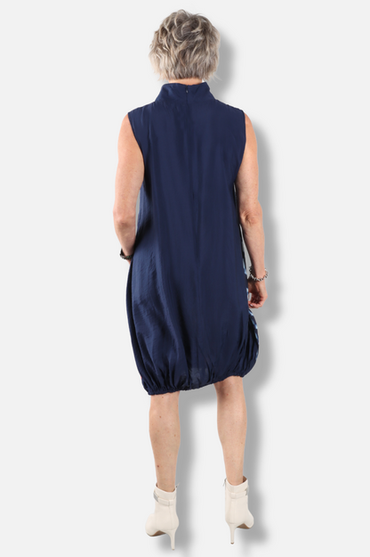 Patchwork Mock Neck Dress - Navy 