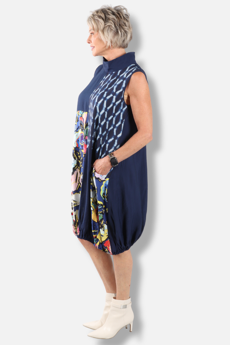 Patchwork Mock Neck Dress - Navy 
