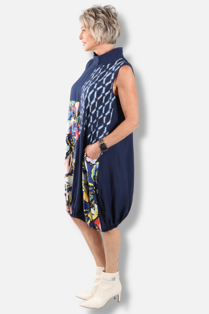 Patchwork Mock Neck Dress - Navy 