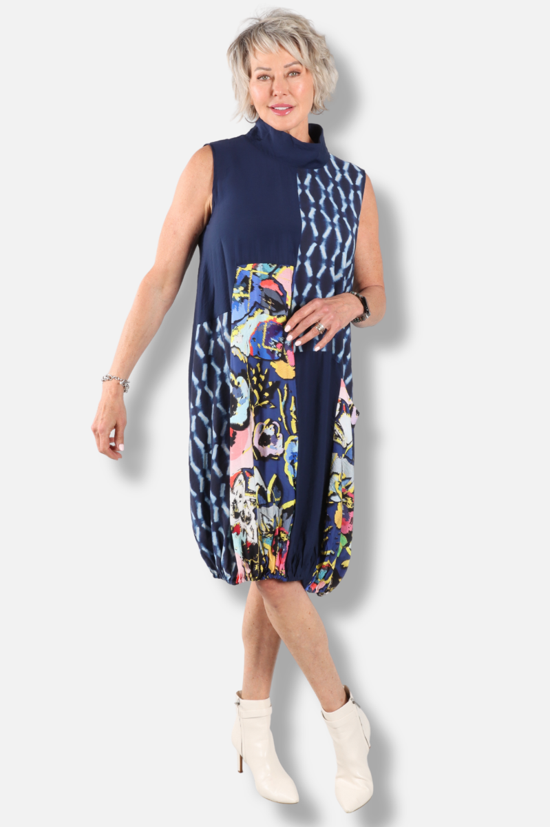 Patchwork Mock Neck Dress - Navy 