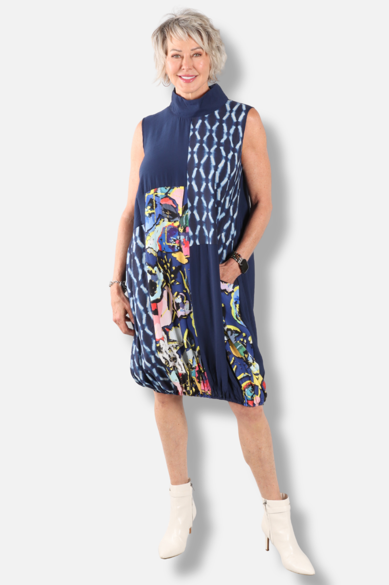 Patchwork Mock Neck Dress - Navy 