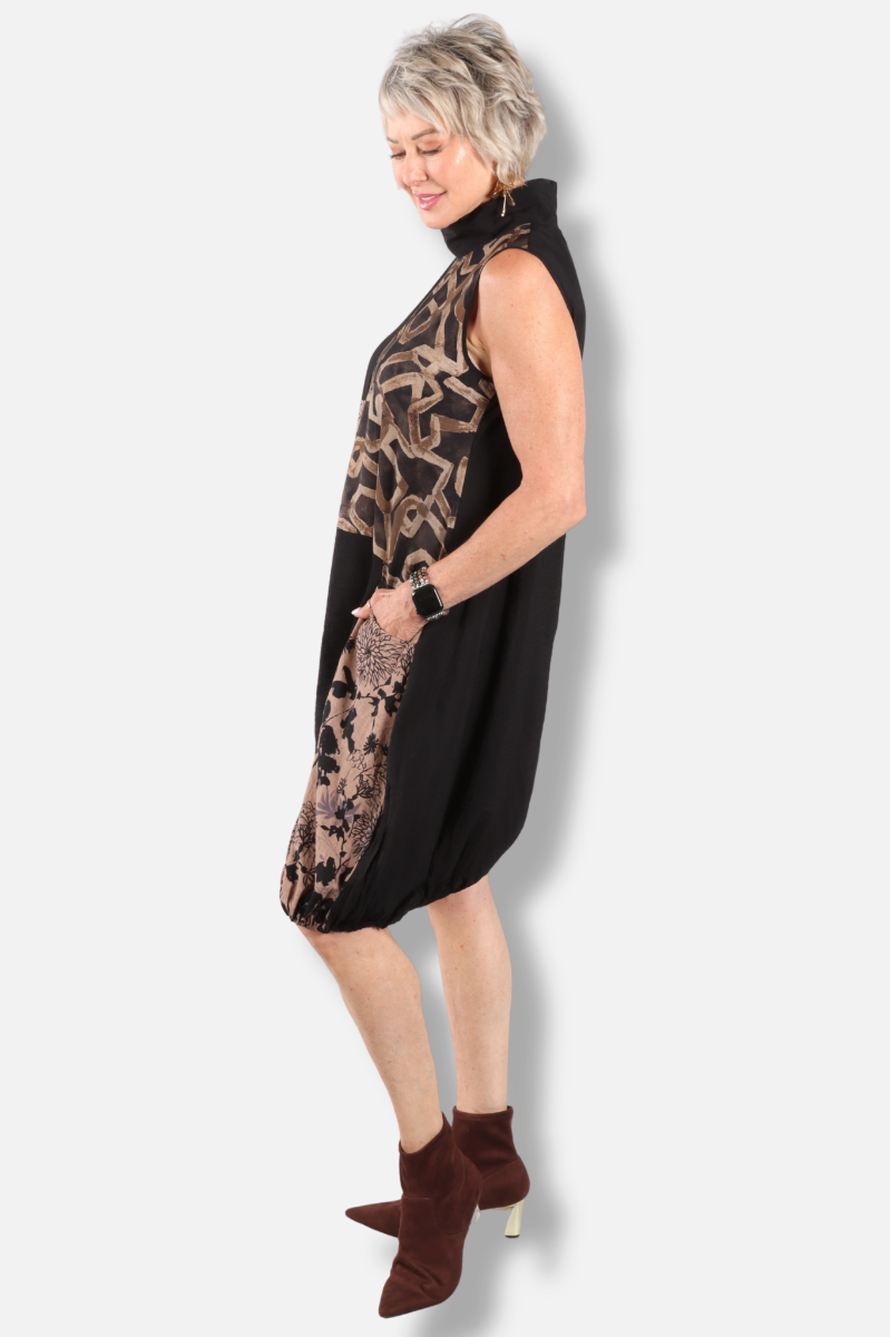Patchwork Mock Neck Dress - Black