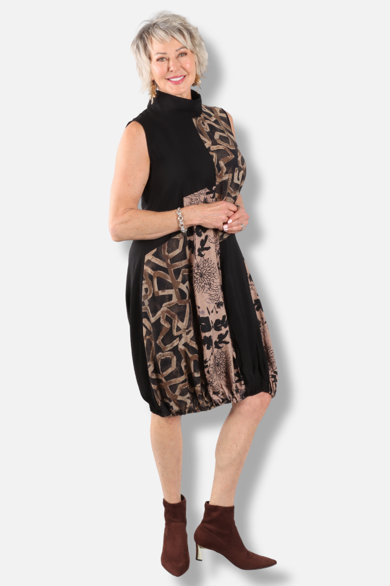 Patchwork Mock Neck Dress - Black