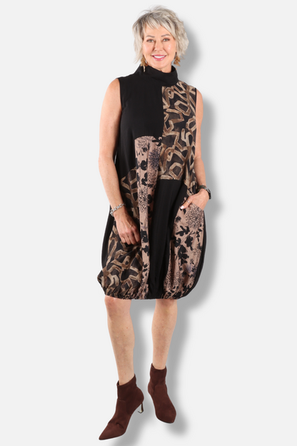 Patchwork Mock Neck Dress - Black