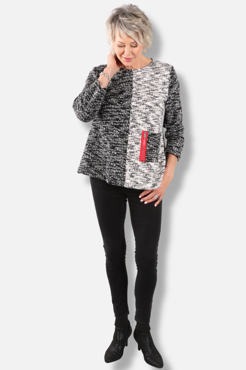 Colorblock Zip Pocket Sweater - Black & White 