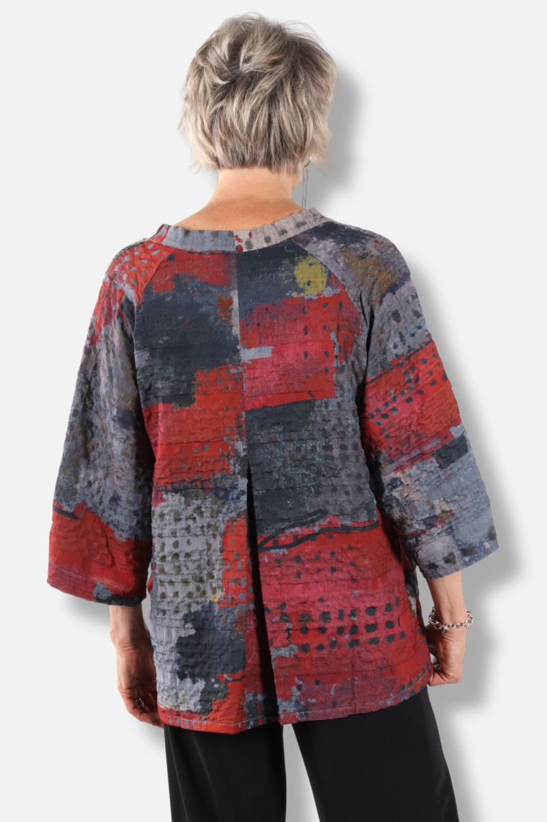 V-Neck Button Top - Red Abstract 