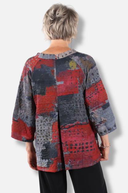 V-Neck Button Top - Red Abstract 
