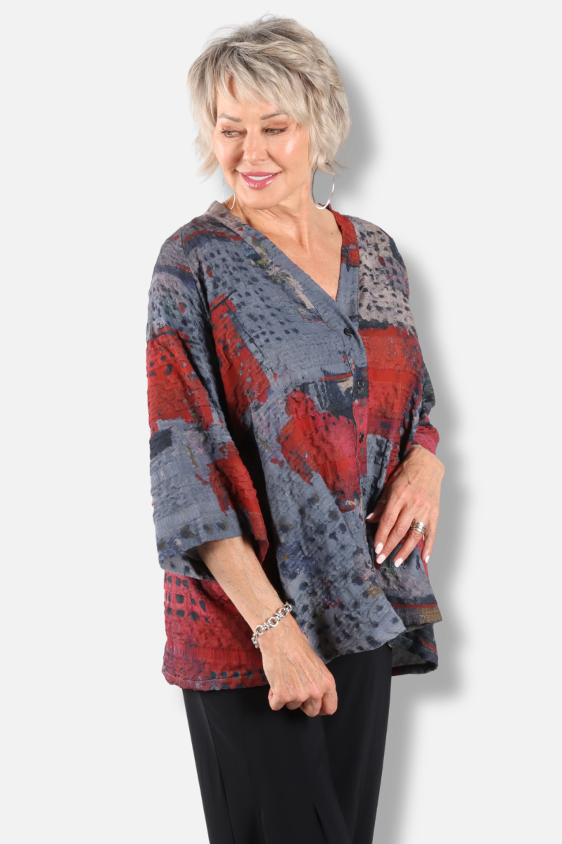 V-Neck Button Top - Red Abstract 