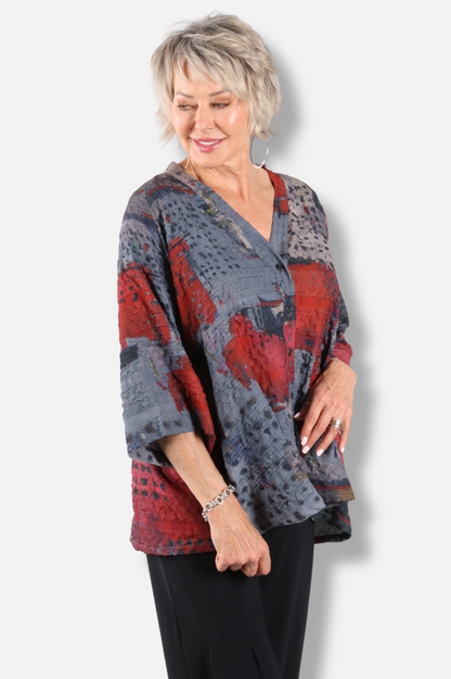 V-Neck Button Top - Red Abstract 