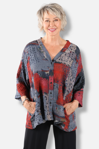V-Neck Button Top - Red Abstract 