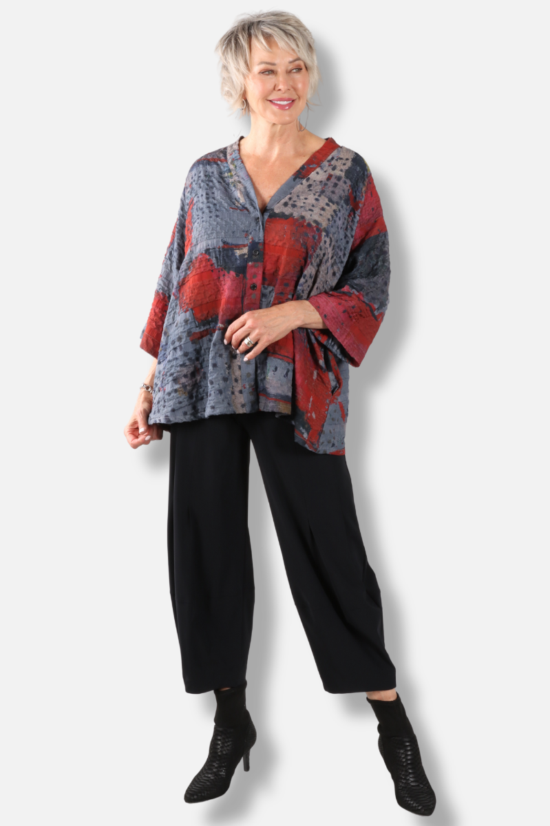 V-Neck Button Top - Red Abstract 