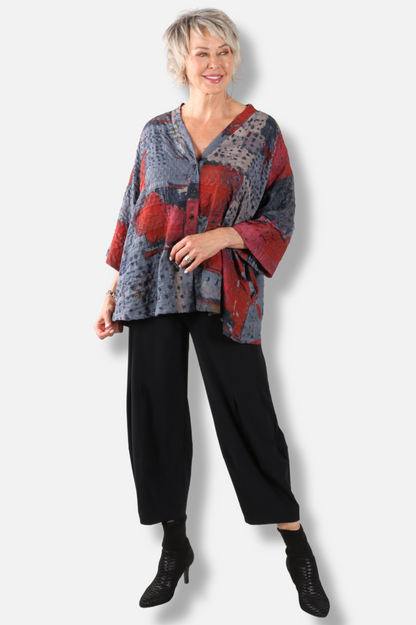 V-Neck Button Top - Red Abstract 