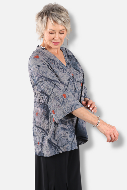 V-Neck Button Top - Floral Abstract 