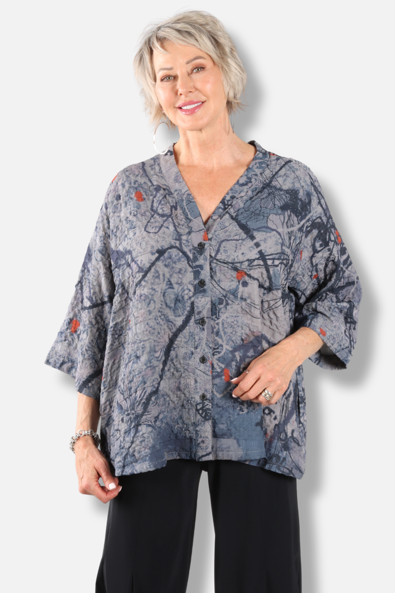 V-Neck Button Top - Floral Abstract 