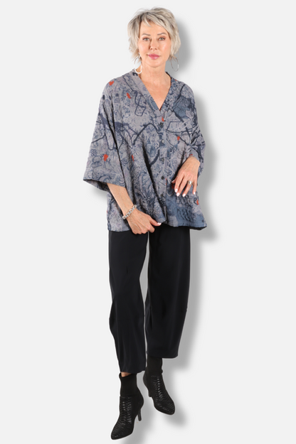 V-Neck Button Top - Floral Abstract 
