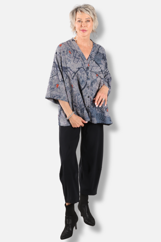 V-Neck Button Top - Floral Abstract 