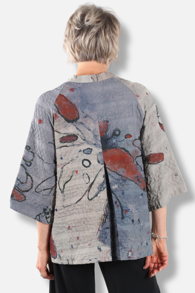 V-Neck Button Top - Butterfly Abstract 
