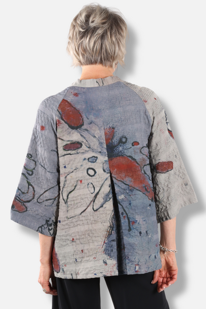 V-Neck Button Top - Butterfly Abstract 