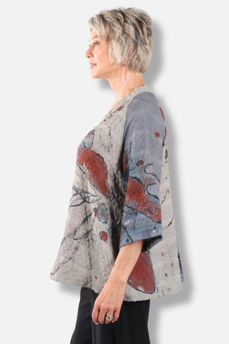 V-Neck Button Top - Butterfly Abstract 