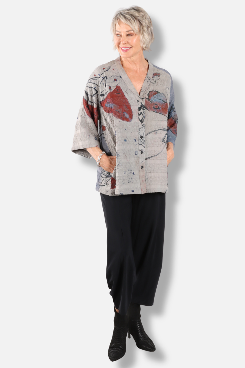 V-Neck Button Top - Butterfly Abstract 