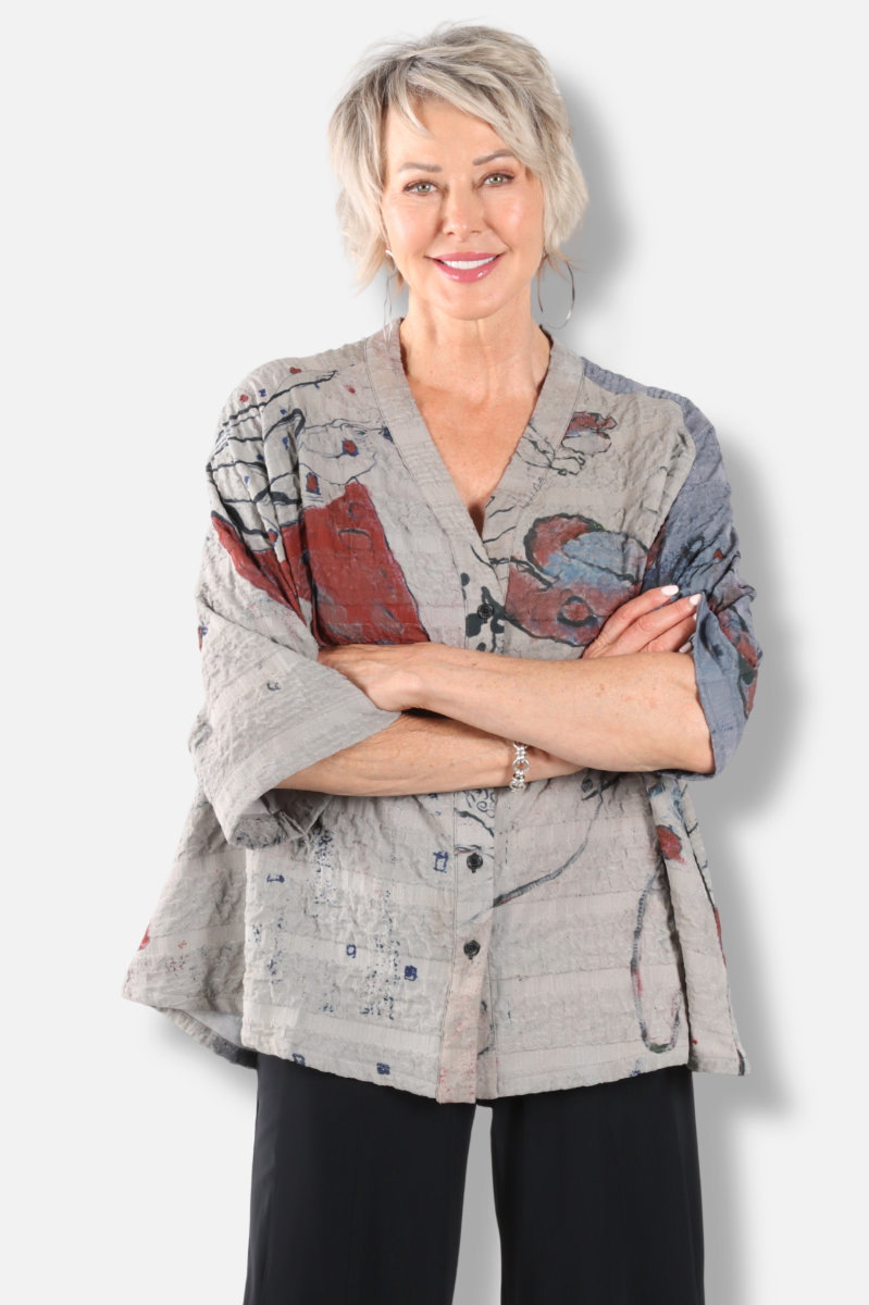 V-Neck Button Top - Butterfly Abstract 