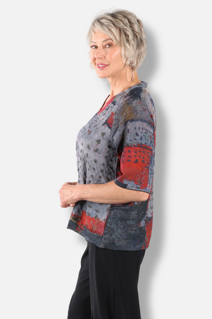 V-Neck Tee - Red Abstract 