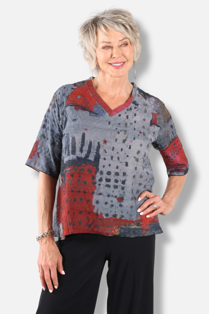 V-Neck Tee - Red Abstract 