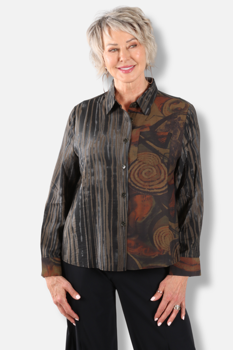 Mixed Print Button Shirt - Black 