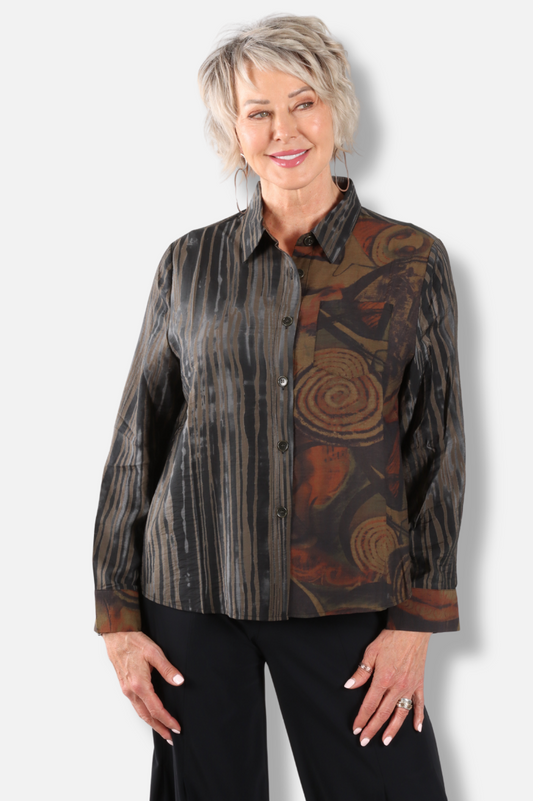 Mixed Print Button Shirt - Black 