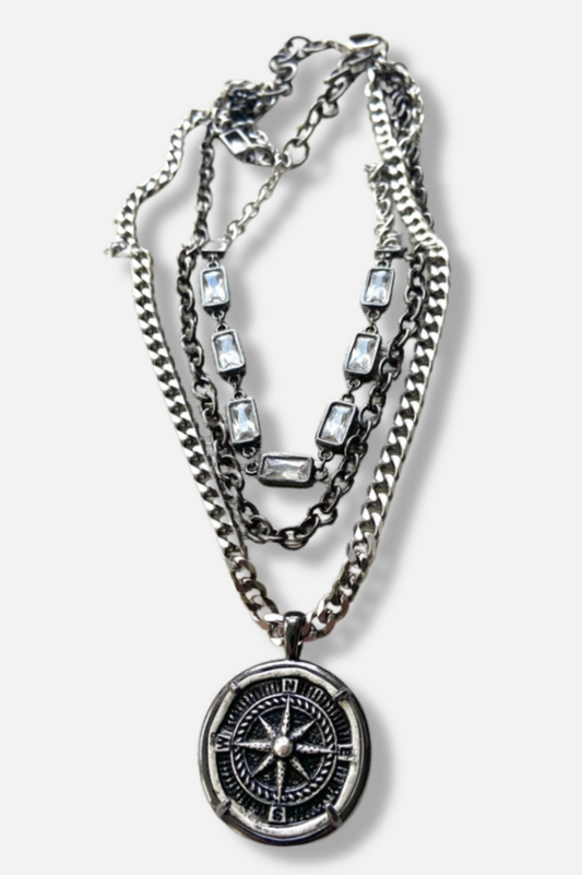 Edgy Glam Compass Necklace - Silver