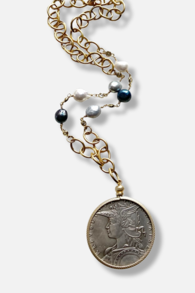 French Coin Necklace - Baroque Pearls